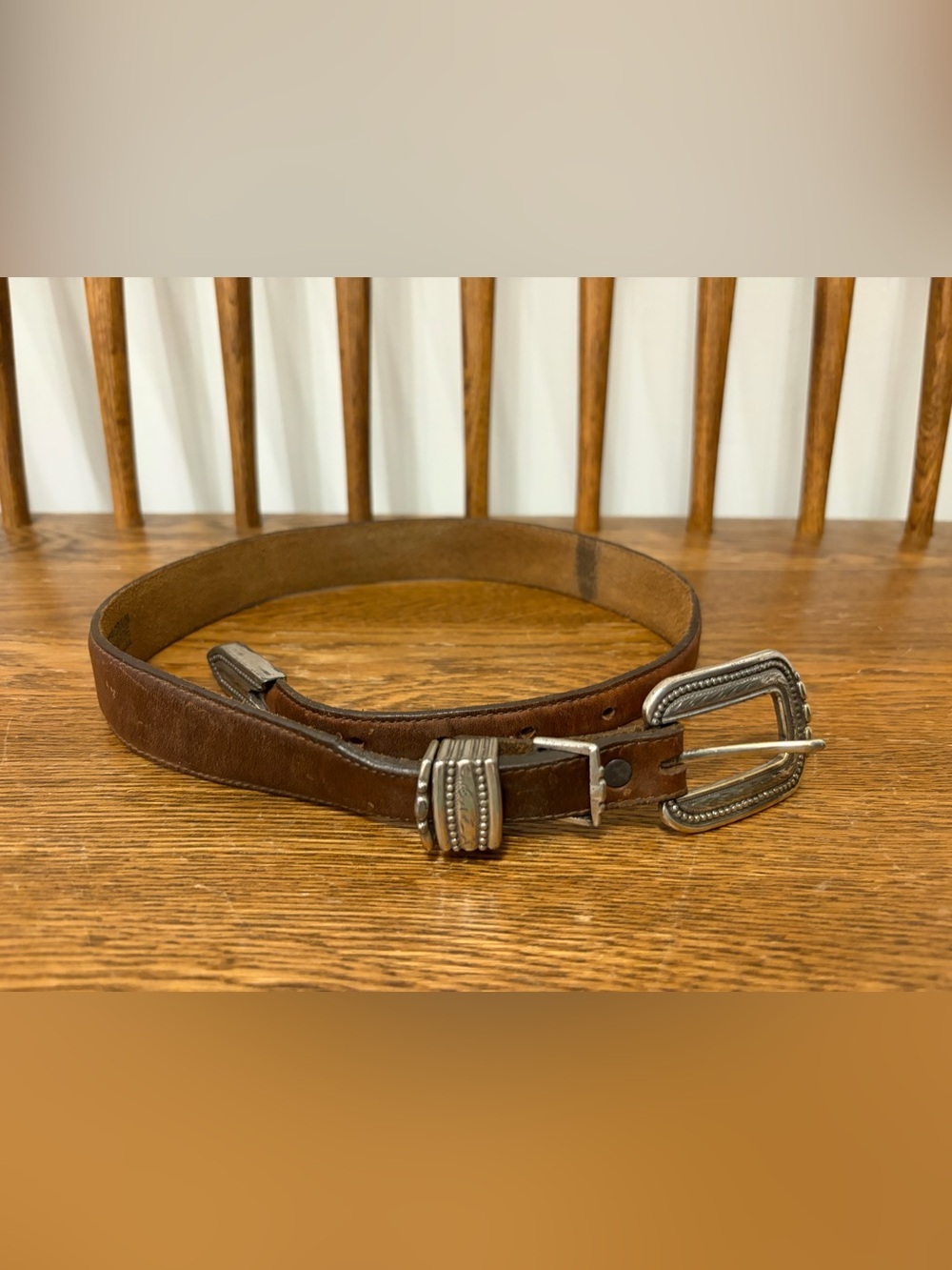 Vintage 1995 Justin Western Leather Belt Brown Silver Tone Buckle Size 26